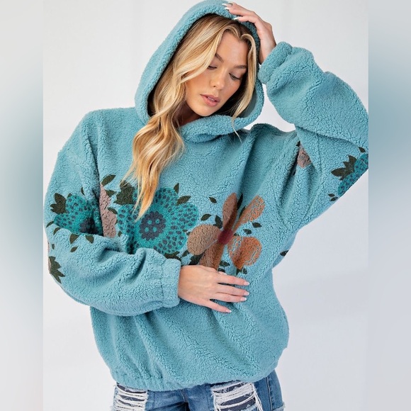 Easel printed flower floral fleece pullover Sherpa pullover pocketed hoodie - Picture 2 of 4